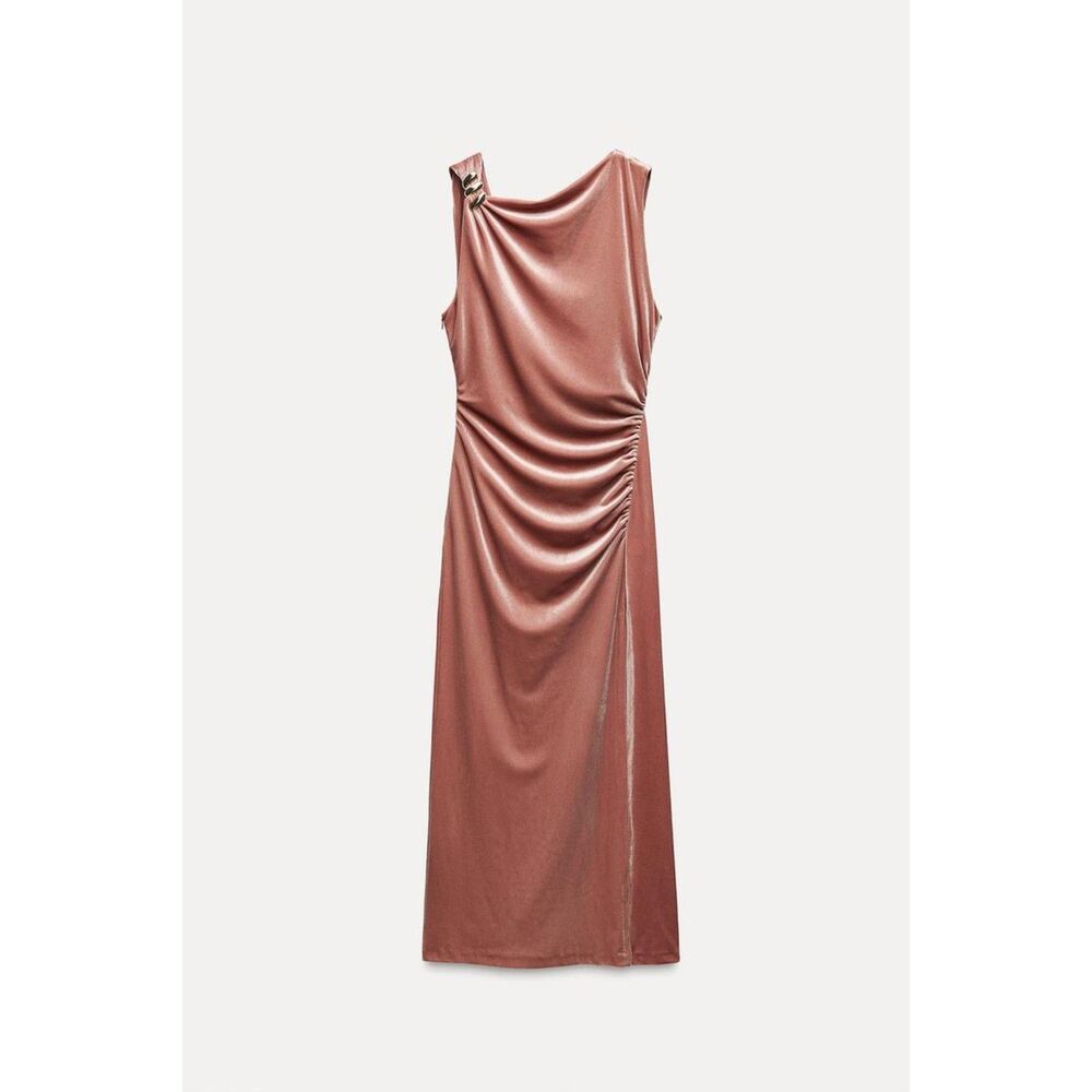 Pink Zara Asymmetric Neck Gathered Ruched Side Slit Sleeveless Midi Dress (NWT)